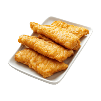 Three pieces of fish are on a white plate png