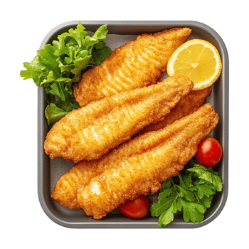 Fried fish fillets with lemon and vegetables on a tray png