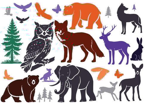 Colorful silhouette wildlife animal set isolated on white background vector