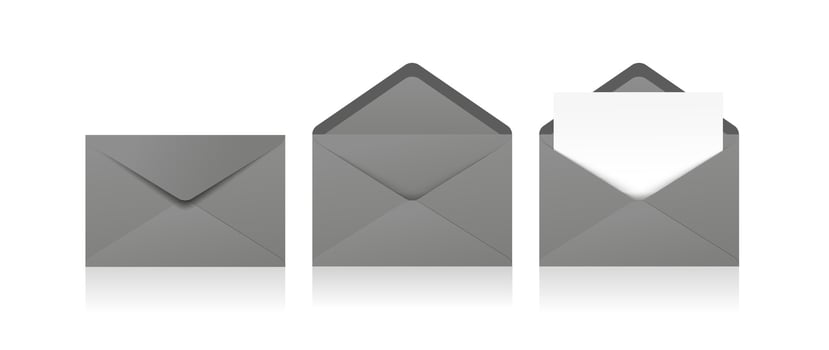Set of realistic gray envelopes in different positions. Folded and unfolded envelope backpack vector