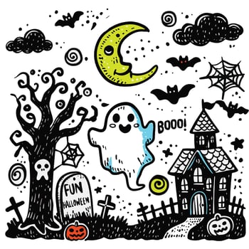 Spooky Hand-Drawn Halloween Doodles with Ghost Moon and Haunted House vector
