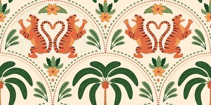 Cute Asian tiger and tropical palm tree seamless pattern. Summer jungle damask ornament. wild animal symmetry design, exotic arched print, hand drawn Indian textile, background, wallpaper. vector