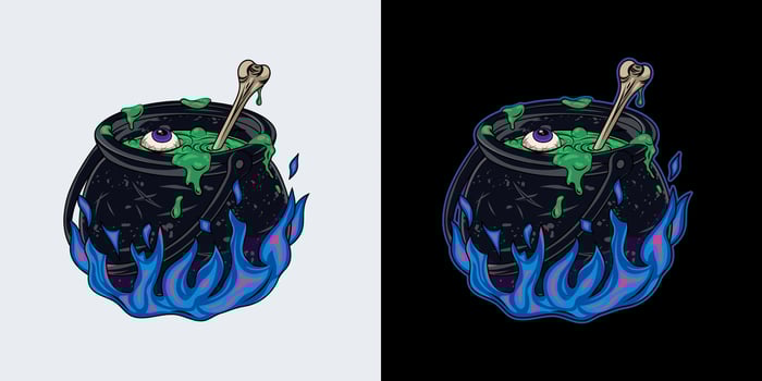 Witch cauldron with bubbling green liquid, brew with violet eye, bone. Magic potion, symbol of witchcraft. Cast iron boiling cauldron on blue magic fire. Traditional halloween element in vintage style vector