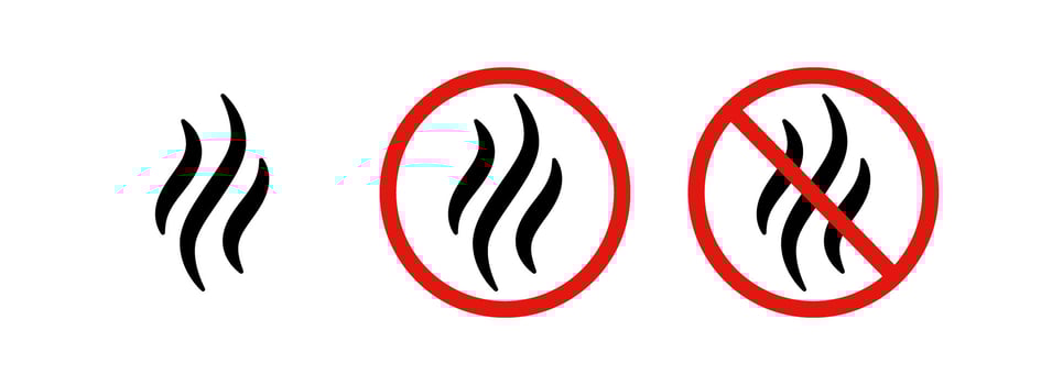 Anti bad smell icon. Odor control label. Forbidden flavors symbol. Strong flavors are not allowed. Deodorant sign. No perfume icon. Forbidden smoke. illustration isolated on white background vector