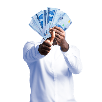 Black person holding Nigerian naira notes and making thumbs up to the camera. Hand holding Nigerian currency notes, 3d rendered money isolated on a transparent background png