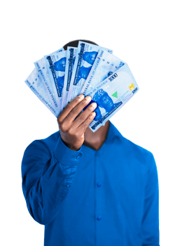 Black person in blue long sleeves shirt holding and showing 3D rendered Nigerian Naira notes to the camera over transparent background. closeup of Hands holding Nigerian currency note png