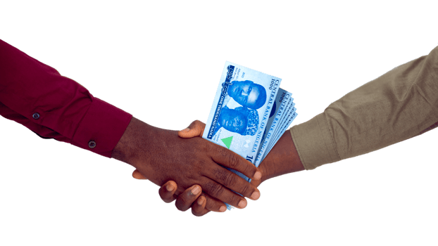 Two black hands in long sleeve shirts Shaking each other and Receiving Nigerian Naira notes over transparent Background png