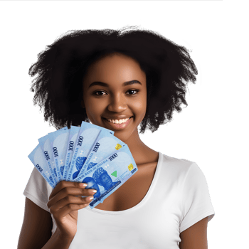 Young black woman holding and showing 1000 Nigerian naira notes to camera over transparent background with copy space, African lady happy similing, hand holds money cash, naira currency png