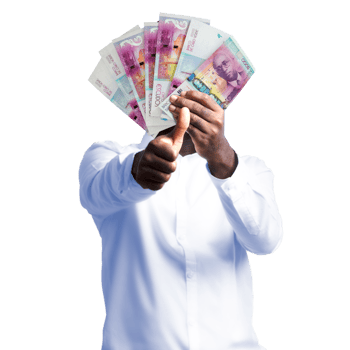 Black person holding Cape Verdean Escudo notes and making thumbs up to the camera. Hand holding Cape Verdean currency notes png