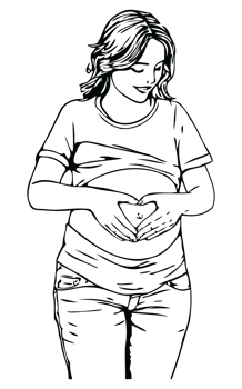 Black and white illustration of a smiling pregnant woman making a heart hand sign above her belly png