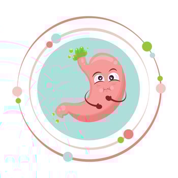 Isolated human stomach cartoon character icon sick with nausea, bile, and acid reflux vector