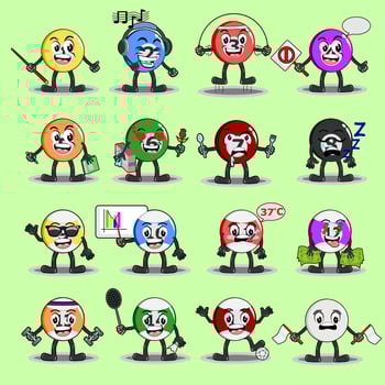 Billiard ball character with various cute expressions and activities on a green background vector