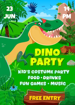 Kids dino party flyer with funny prehistoric dino vector