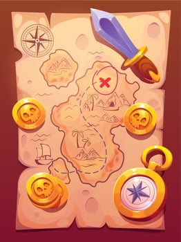 Cartoon pirate treasure map with secret island vector
