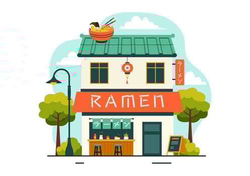 Japanese Ramen Dish Illustration featuring Noodles and Soup in a Cartoon Background vector