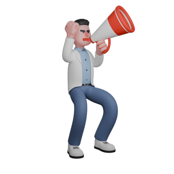 Professional Doctor in 3D. Male Character Kneeling While Holding a Megaphone. Male png