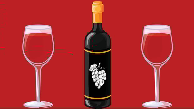 Wine bottle with filled glasses beside it illustration vector