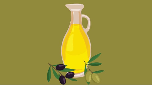 Olive oil bottle with olives leaves and seeds on side illustration vector
