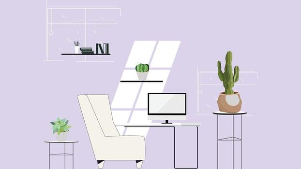 a home office with a desk, chair, and a cactus vector