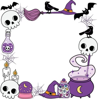Cute Purple Spooky Halloween Witchy Frame Border Wreath Garland with Cauldron, Witch Hat, Broomstick, Crow, Bat and Potion Bottles clipart for decorate card poster banner background vector