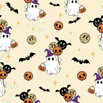 Halloween Spooky Cute Ghost with Skulls and Bat Pumpkin Balloons seamless pattern for decorate invitation greeting celebration card poster banner textiles wallpaper background vector