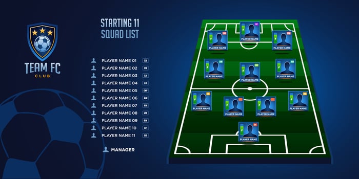 modern football game plan formation board. starting eleven illustration. Football graphic for soccer starting lineup squad, Soccer line up, Football starting XI. vector