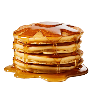 Stack of four delicious golden pancakes drizzled with maple syrup png