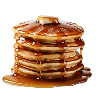 Close up of a stack of golden brown pancakes topped with butter and maple syrup png