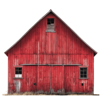 Classic red barn with rustic wood siding, a gambrel roof, and a weathered appearance. png