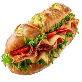 Delicious and Fresh Sub Sandwich with Ham, Salami, Cheese, Lettuce, Tomato, and Pickles png