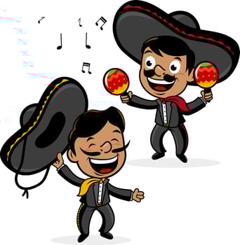Cartoon Mexican mariachi musicians men with sombreros, singing and playing the maracas. Cinco de Mayo party celebration. vector