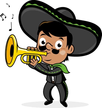 Cartoon Mexican mariachi musician man with a sombrero hat and costume, playing the trumpet. Cinco de Mayo party celebration with music. vector