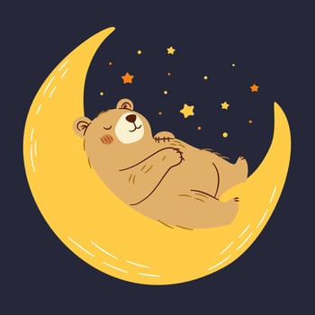 Cute illustration in children's style. Cute bear cub sleeping on the moon, night sky vector