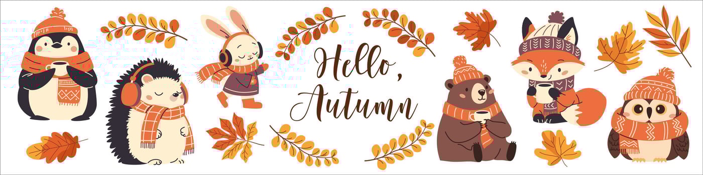 Cute set of illustrations in children's style. Autumn animals fox fox penguin hare bear owl and hedgehog in warm scarves and hats, wearing headphones, drinking tea. Autumn leaves vector
