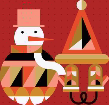 Poster Christmas snowman and gloves in cubism style drawing on red background vector