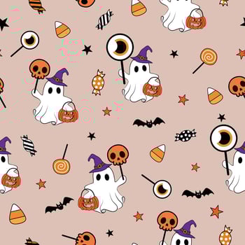 Seamless Halloween Cute spooky Ghost with Candies and Jack-O'-Lantern bucket Pattern for decorate invitation greeting celebration card poster banner textiles wallpaper background vector