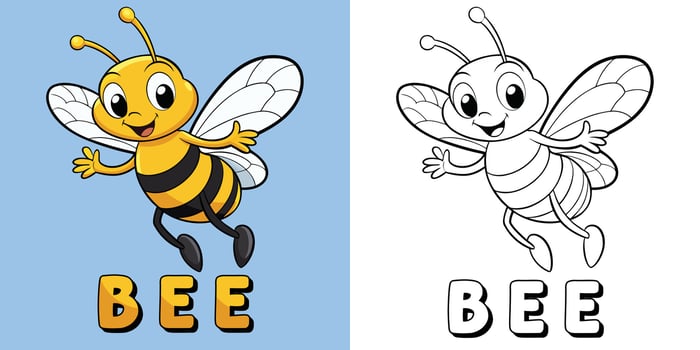 Coloring Page Cute Bee Flying Cartoon With Sample For Kids vector