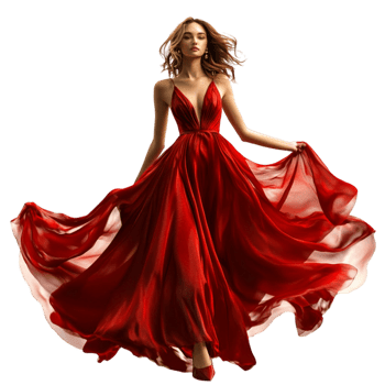 Woman in Red Dress Floating Mid-Air with Flowing Fabric on Transparent background AI-Generative png