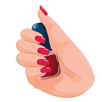 Nails beauty. Hand with manicure holding bottle with nail polish. Beauty concept, nail polish, nail design. Illustration for beauty salon isolated on white background vector