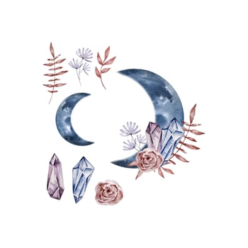 Watercolor moons with crystal and floral vector