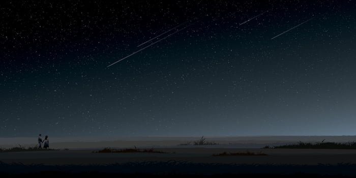 Minimalist field landscape at night with silhouetted couple of lover have meteor and night sky with a lot of stars background graphic illustration. vector