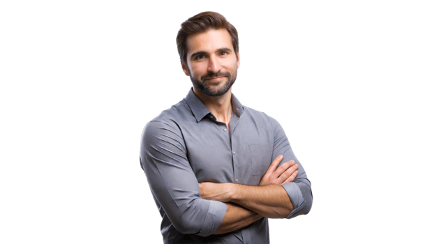 Smiling man with arms crossed, casual and confident stance png