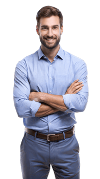 Man in blue shirt with arms folded, exuding confidence png