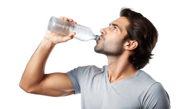 Man in white shirt drinking water from a bottle, staying refreshed png