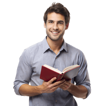 Smiling man holding a book, looking friendly and approachable png