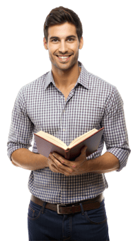 Man smiling while holding an open book, ready to read png