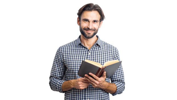 Man with a book, smiling casually and looking relaxed png