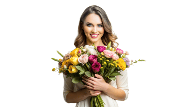Smiling woman holding a bouquet of vibrant flowers, expressing joy png