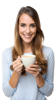 Woman smiling while holding a coffee cup, enjoying a relaxing moment png