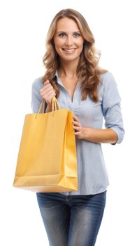 Woman smiling while holding shopping bags, feeling satisfied with her purchases png
